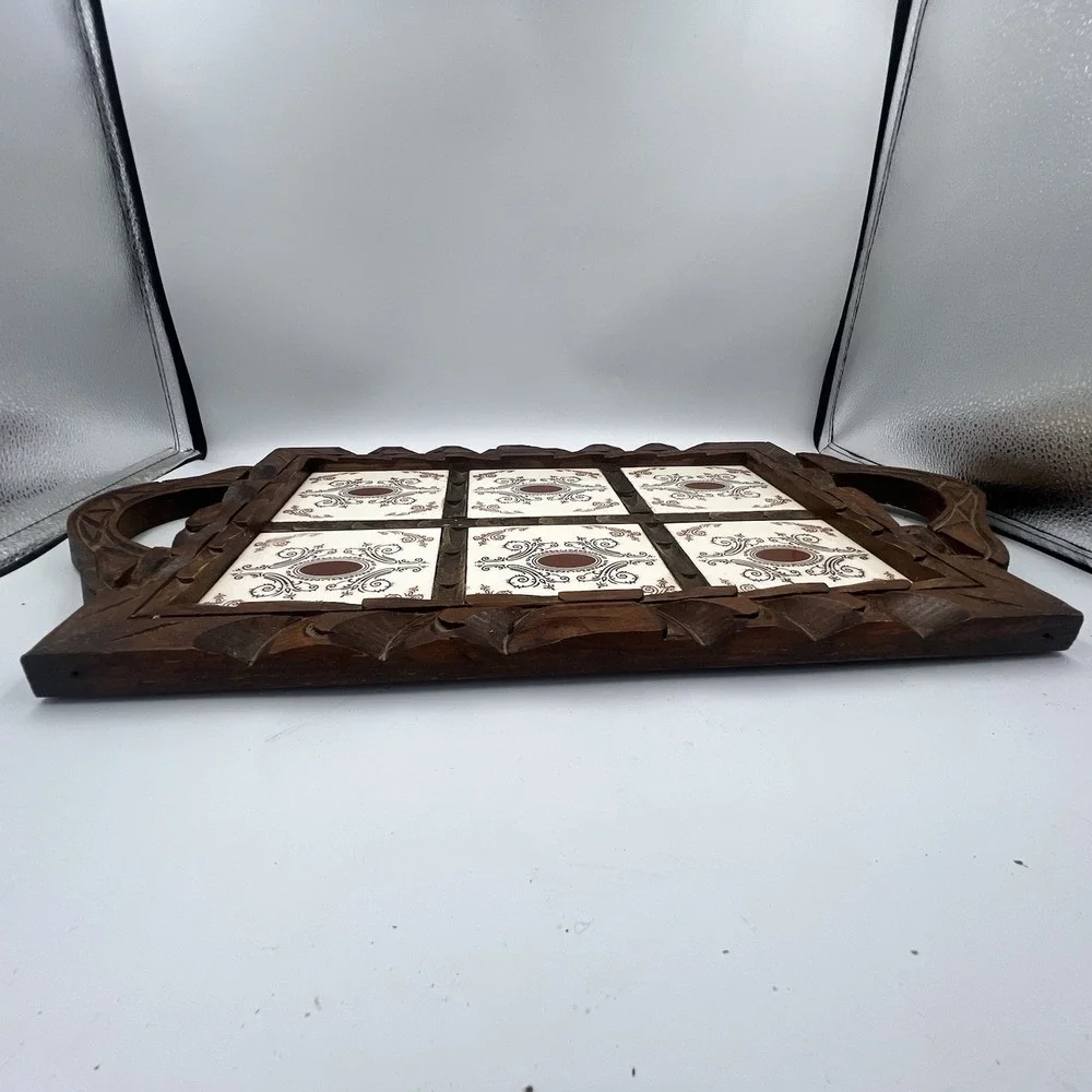Vintage Hand Carved Mexican Folk Art Wood Serving Tray Ceramic Tiles 22 x 12.5